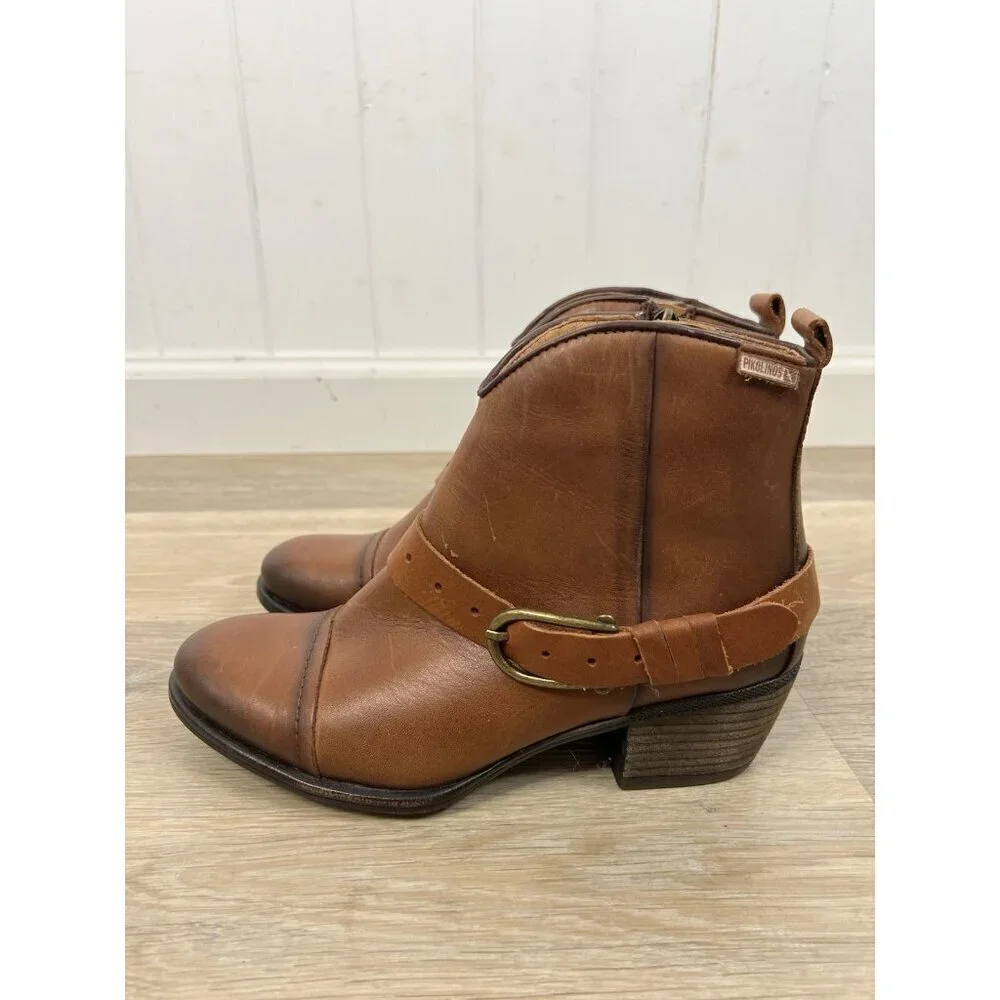 Pikolinos Balta Boots Womens 38 Brown Leather Zip Western Buckle Ankle 7.5-8